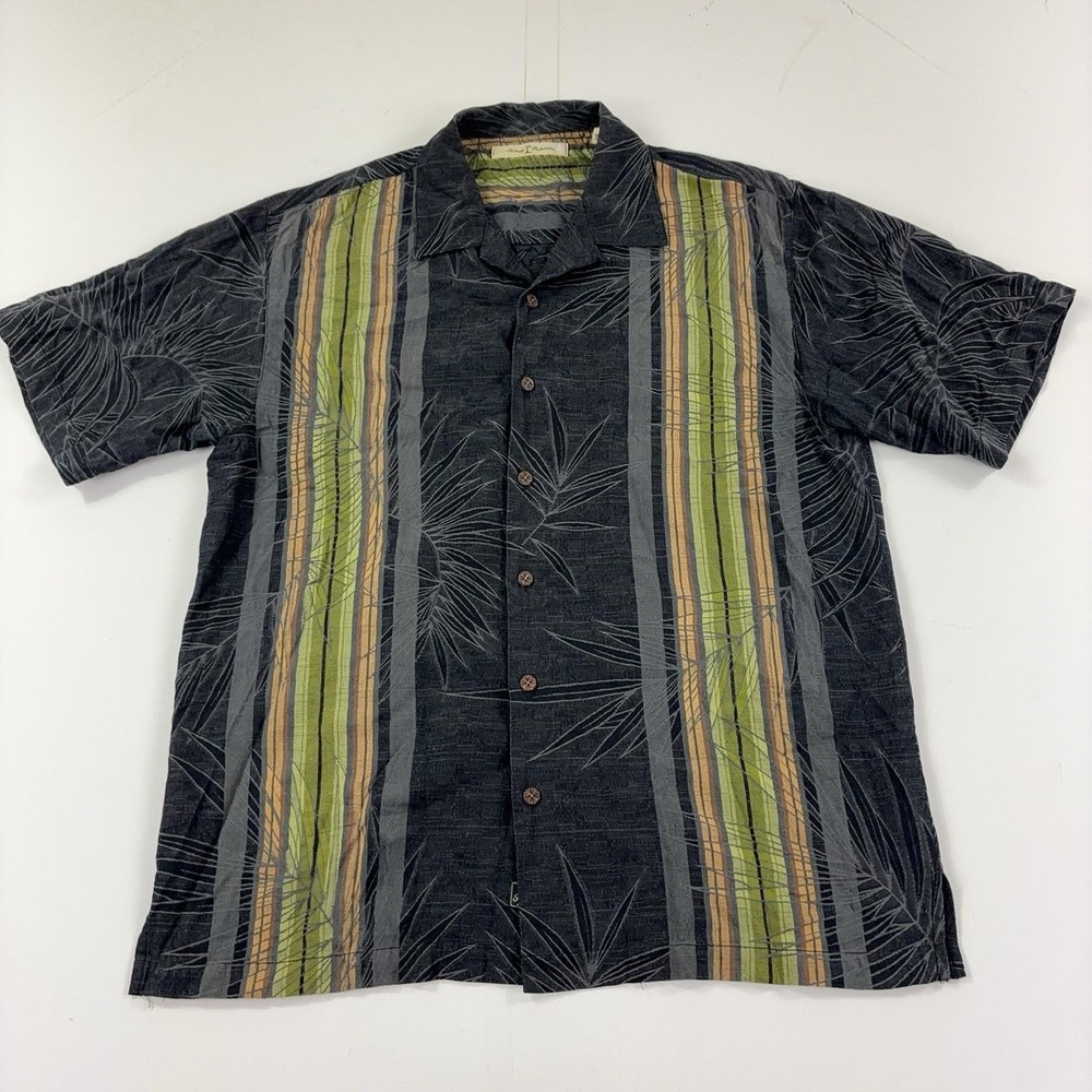 Tommy Bahama Shirt Mens M Gray Silk Palm Stripe Hawaiian Short Sleeve Button Up